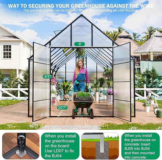 CDCASA 10x20 FT Greenhouse for Outdoors, Large Easy Assembly Polycarbonate Greenhouse Thicker Aluminum Greenhouses w/4 Vents Windows, Swing Door, Ouside Walk-in Green House for Backyard,Garden