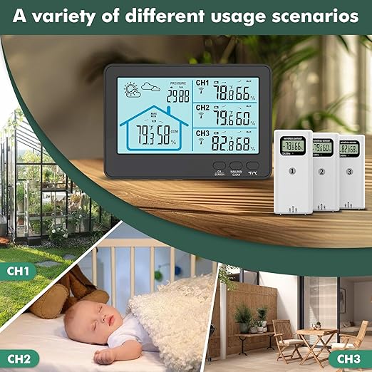 Home Weather Station Wireless Indoor Outdoor Thermometer with 3 Sensors,IPX4, 500ft Range Digital Thermometer Humidity Monitor with Weather Forecast for Home, RV, Garden | Black
