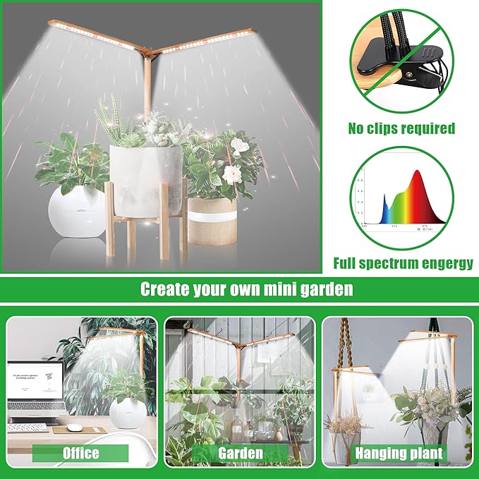 bodkar Wooden Grow Lights for Indoor Plants Full Spectrum, Slim Indoor Plant Growing Light with 6000K White Red LEDs 2-Head (Without Timer/Dimming)
