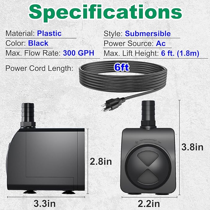 Knifel Submersible Pump 300GPH Ultra Quiet with Over Heating Protection 6ft High Lift for Fountains, Hydroponics, Ponds, Aquariums & More…