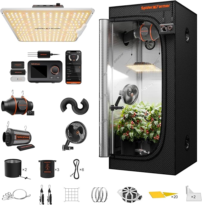 Spider Farmer 2.3 x 2.3ft Pro Grow Tent Kit 28"x28"x63" Plant Set Complete System Automatic Control with GGS Controller, SF1000 Dimmable LED Grow Light 4" Ventilation System & 6'' Clip Fan