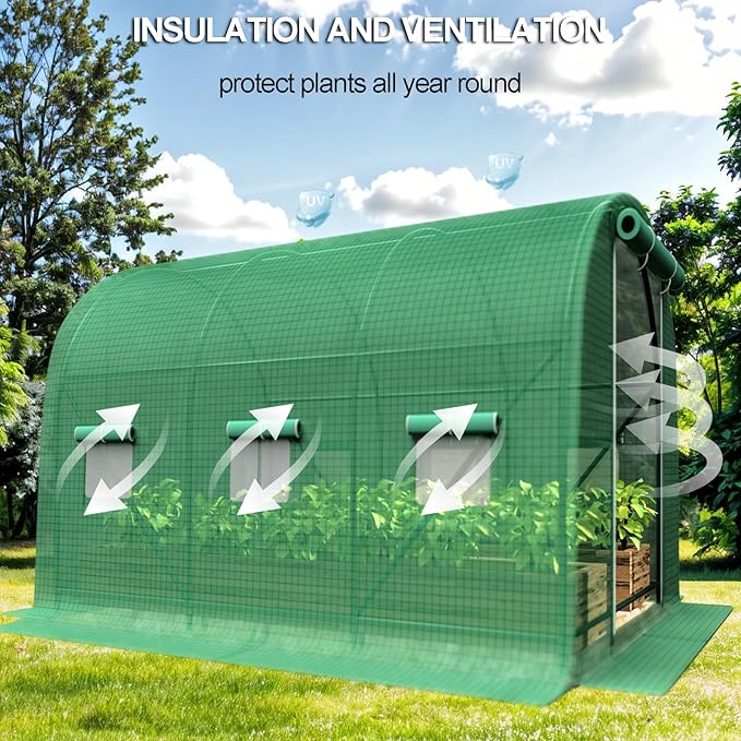 Greenhouse with Watering System, Outdoor Greenhouse with 6 Mesh Windows and 1 Door, Greenhouses with Drip Irrigation System for Plants, Seedlings, Flowers and Garden Raised Beds (10x10x7 FT)