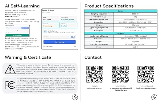 EVB WiFi Monitoring Sensor | AI Learning Equipment Impact Event & Runtime Monitor | Learn Mode | 2.4GHz Wi-Fi & 1 Month Portal Access | Equipment, EV & R&D Monitoring