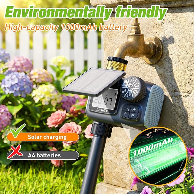 Solar Sprinkler Timer, Solar & Type-C Rechargeable Water Timer for Garden Hose, Programmable Faucet System with Rain Delay/Manual/Auto Mode, Digital Irrigation Controller for Lawn/Yard/Pool