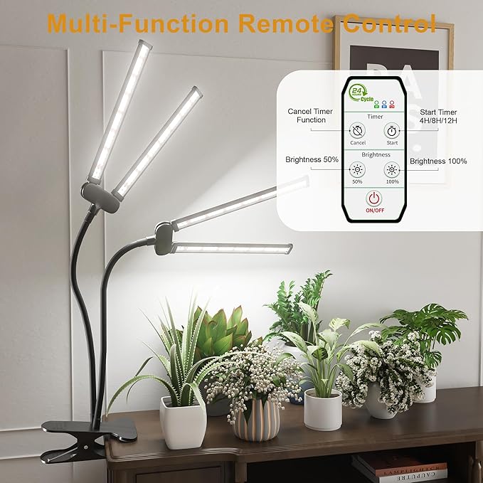 LED Grow Light,Super Bright 6000K White Full Spectrum Clip Plant Growing Lamp with Rotatable Dual Head for Indoor Desk Plants,Dimmable & Timer 4/8/12H,High Power Output for Faster Growth,2-Head