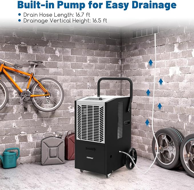 COSTWAY 163 Pints Commercial Dehumidifier, 4500 Sq.Ft Crawl Space Dehumidifier with Pump & Drain Hose, 24H Timer, for Basement, Warehouse, Job Site (White)