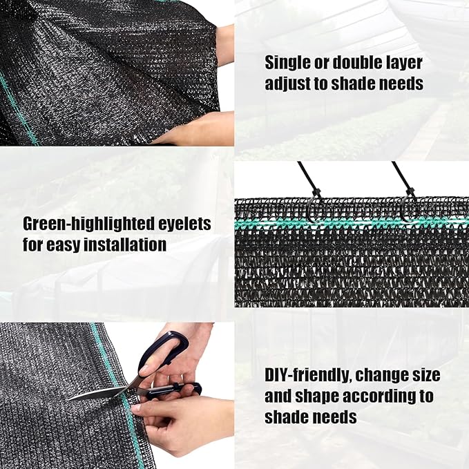 Amagenix 70% Eyelets Shade Cloth Roll 8' x 100 FT Cuttable Sun Shade Mesh Tarp UV Resistant Screen Cover for Garden, Patio, Greenhouse, Canopy, Kennel, Plant, Black
