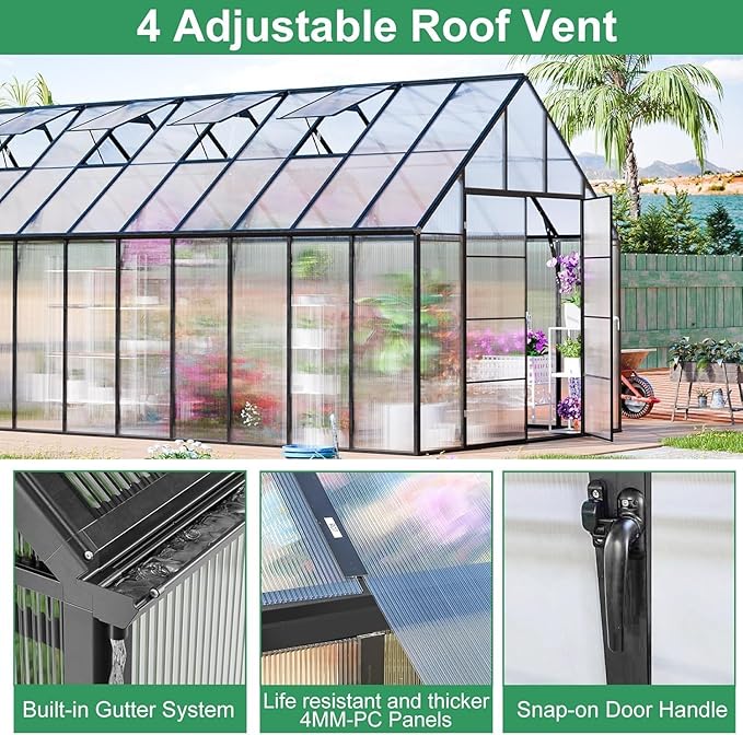 CDCASA 10x20 FT Greenhouse for Outdoors, Large Easy Assembly Polycarbonate Greenhouse Thicker Aluminum Greenhouses w/4 Vents Windows, Swing Door, Ouside Walk-in Green House for Backyard,Garden