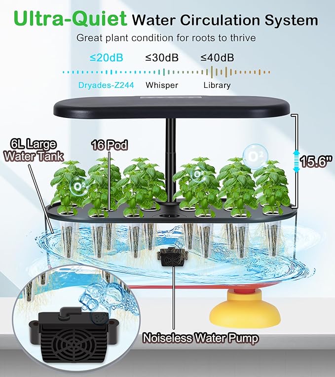 16 Pods Hydroponic Growing System, Indoor Garden with 24W Full-Spectrum LED, Smart Quiet Auto-Watering Herb Planter, Classic Red-Black Gift Design for Home, Office & Holiday