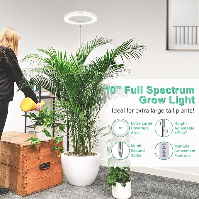 LORDEM 10" Grow Light for Indoor Plants, Full Spectrum Plant Lamp with 160 LEDs, 4H/8H/12H Timer, 6 Dimmable Levels, 3 Spectrum Modes, Height Adjustable 65", Ideal for Growing Large Tall Plants