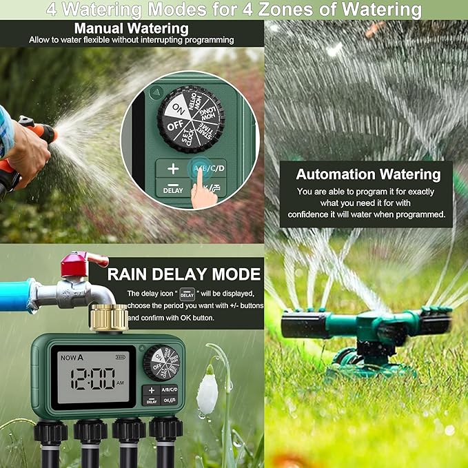 4 Zones Brass Inlet Water Timer for Outdoor Garden Hose, Sprinkler Timer for Garden Faucet with Auto/Manual/Rain Delay Mode, Sprinkler Irrigation Controller for Yard Lawn