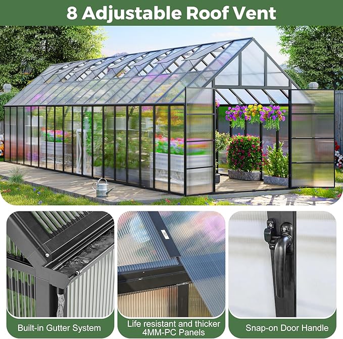 CDCASA 10x36 FT Greenhouse for Outdoors,Large Easy Assembly Thicker Aluminum Polycarbonate Greenhouses w/8 Windows, Double Door, Walk-in Green House for Outside,Patio,Backyard,Garden
