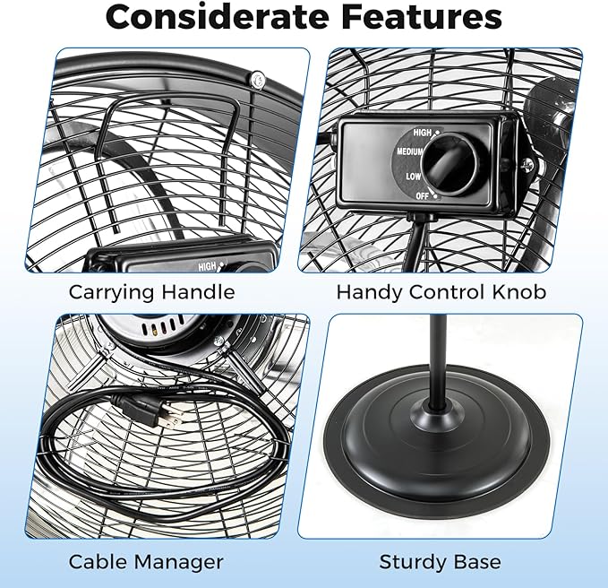 LDAILY High-Velocity Pedestal Fan, 18’’ Metal Oscillating Fan with 4012CFM Airflow, 3 Speed, 360 Degree Tilt & Adjustable Height, Black Standing Fan for Bedroom, Home, Office, Garage (18 Inch)