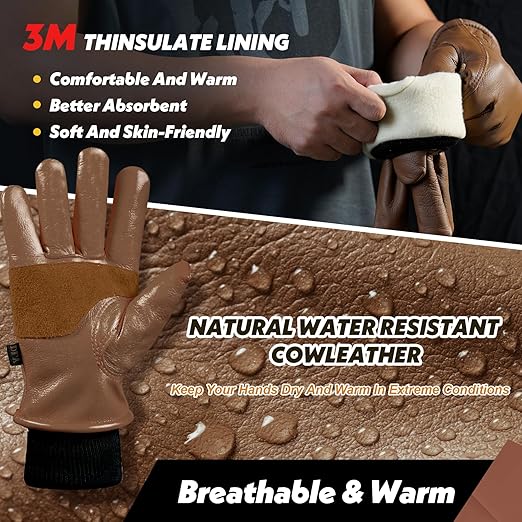 DLY Winter Work Gloves for Men, Insulated, Puncture and Abrasion Resistant, Cowhide Leather with Warm Thinsulate Lining for Cold Weather, Medium, Brown, New