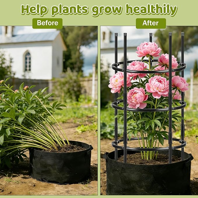 2PCS 19.5" D x 39" H Peony Plant Support Cage, 3 Tier Stackable Plant Support Ring, Metal Core with PVC Coated Stakes, Garden Plant Support for Peonies Tomatoes and Climbing Plants