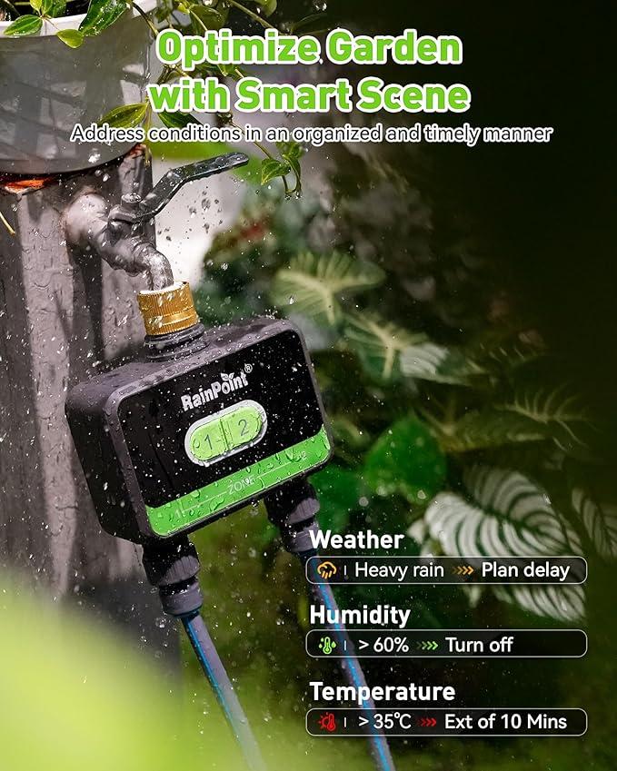 RainPoint WiFi Water Timer for Garden Hose with Brass Inlet, 2-Zone Smart Sprinkler Hose Timer, WiFi Irrigation Controller, Automatic Watering System for Lawns and Yard