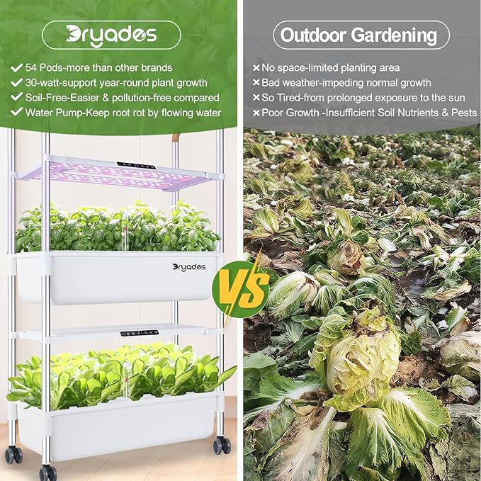 Indoor Hydroponic Growing System with 54 Pods Herbs Garden Kit with 30W Led Grow Light Large Movable 2-Layer Floor-Standing Hydroponic Gardening System for Vegetable Fruit