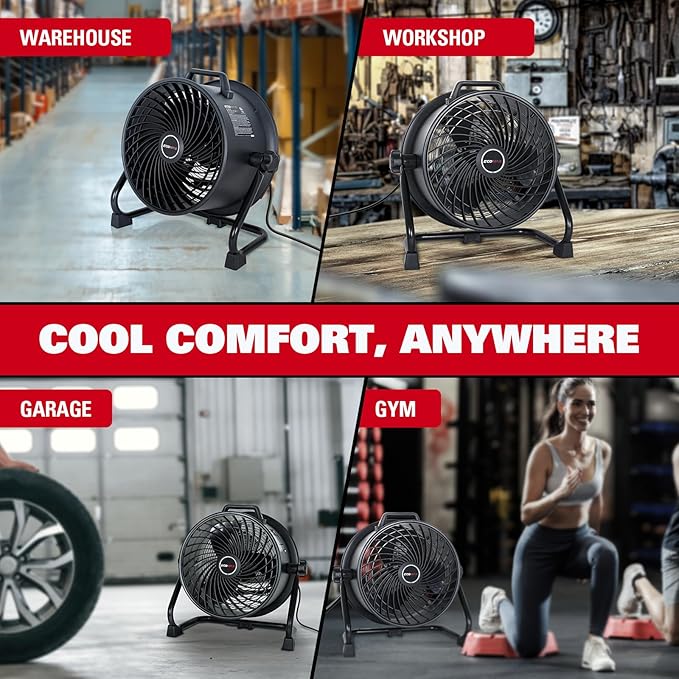 ECOMAX 16" Velocity Industrial Drum Fan, 3-Speed Heavy Duty Industrial Metal Shop Fan with 1800 CFM, Built-in Rope Bag, Floor Fan for Commercial, Garage, Greenhouse and Gym - UL Listed