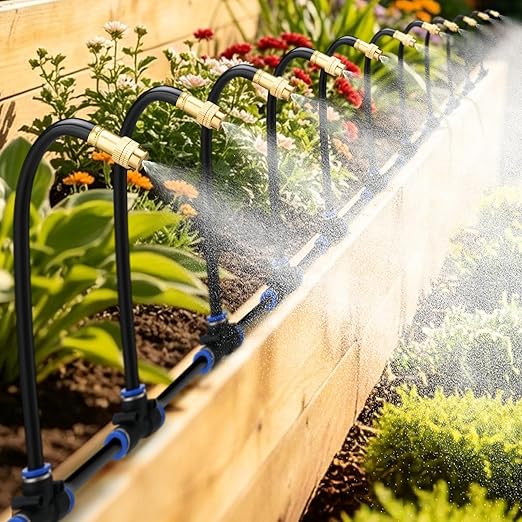 49ft Drip Irrigation System - Includes 15pcs 360° Adjustable Copper Nozzles, 5/16" PE Tubing, 1/2" & 3/4" Faucet Adapters, Automatic Garden Watering Sprinkler System Kit for Raised Bed Plants Lawn