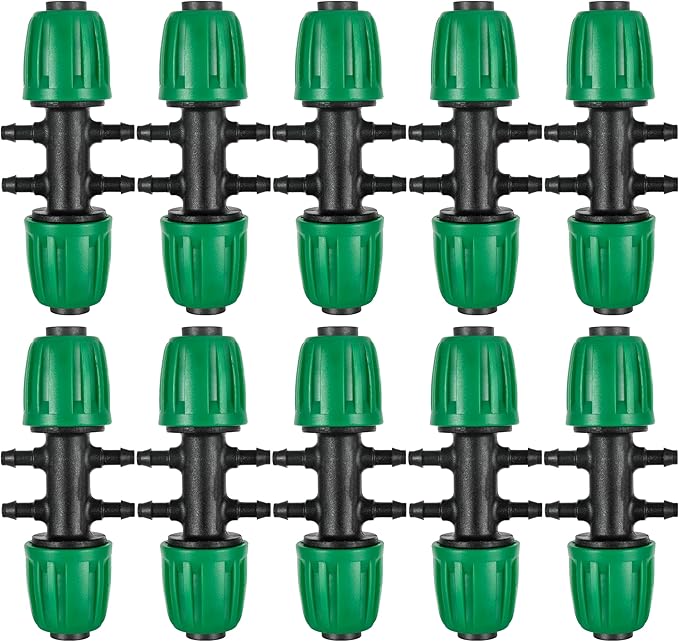 10 Pcs 1/2" to 1/4" Barbed Tee Connector, 1/2 Inch to 1/4 Inch Drip Irrigation Fittings Drip Line Reducer Tee Connectors 1/2" to 1/4" 6-Way Splitter Connectors for Garden Drip Irrigation System
