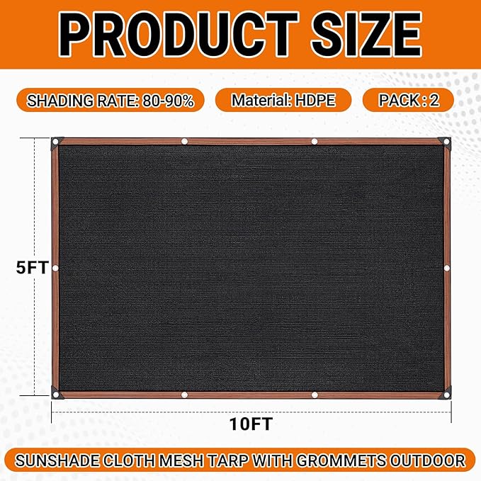 2 Pack 90% Black Shade Cloth for Garden 5 x 10 ft Sunshade Cloth Mesh Tarp with Grommets Outdoor Net for Patio Plants Greenhouse Outdoor Chicken Coop Cover