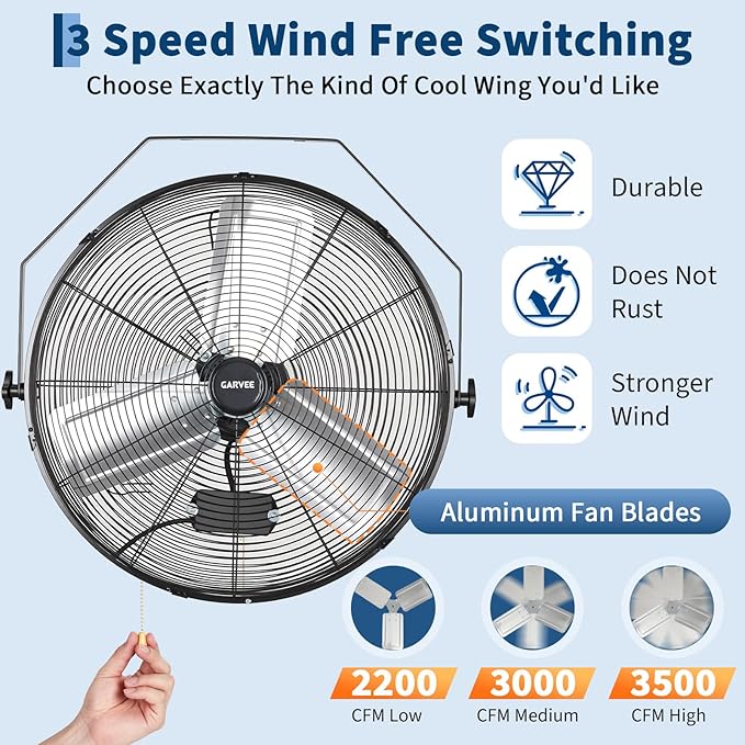 Garvee 18 Inch Wall Mount Fan, 3500 CFM 3 Speeds High Velocity Industrial Fan with 360° Tilt Head, IP44 Waterproof Heavy-Duty Aluminum Blades for Workshop, Warehouse, Greenhouse, Commercial