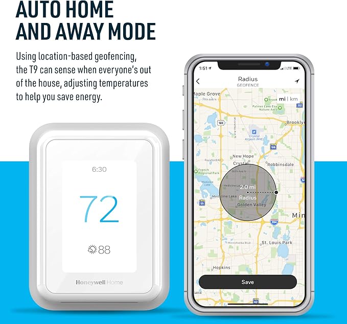 Honeywell Home T9 WIFI Smart Thermostat, Smart Room Sensor Ready, Touchscreen Display, Alexa and Google Assist