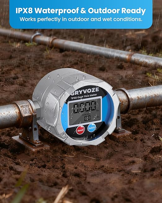 1/2" NPT Digital Gear Flow Meter, ±0.5% Accuracy, 0.05–6.6 GPM, for Low-Flow, High-Viscosity Liquids, Compatible with Motor Oil, Lubricants, Antifreeze & Hydraulic Systems