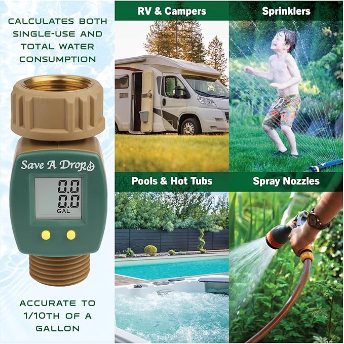 Save A Drop Brass Water Flow Meter| Measure Gallon Usage from an Outdoor Garden Hose | Lawn Sprinkler | Great for Campers | Helps Conserve Water