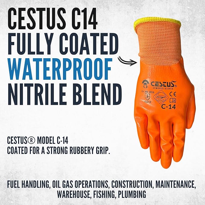 Cestus C-14, 3 Pairs Nitrile Coated Work Gloves for Men, Waterproof Safety Gloves for Fuel Handling, Construction, Warehouse