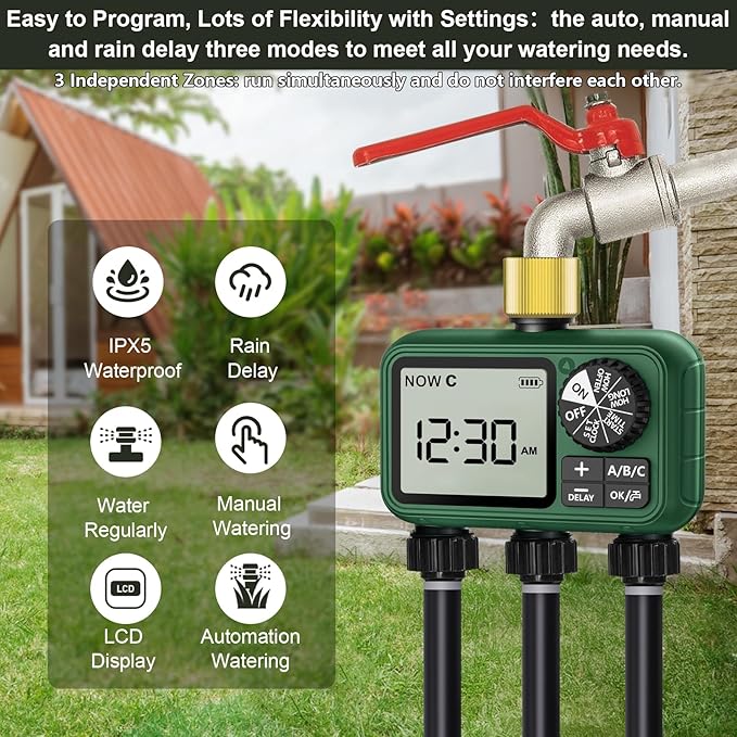 3 Zones Brass Inlet Water Timer for Outdoor Garden Hose, Sprinkler Timer for Garden Faucet with Auto/Manual/Rain Delay Mode, Sprinkler Irrigation Controller for Yard Lawn