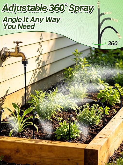 49ft Drip Irrigation System - Includes 15pcs 360° Adjustable Copper Nozzles, 5/16" PE Tubing, 1/2" & 3/4" Faucet Adapters, Automatic Garden Watering Sprinkler System Kit for Raised Bed Plants Lawn