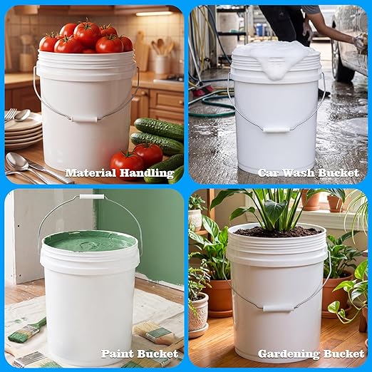 DEMORA 5 Gallon Heavy Duty Plastic Bucket, Food Grade Pail Without Lid, Metal Handle, BPA-Free, for Storage, Fishing, Car Wash, Paint, DIY, Industrial & Job Sites（White，3 Pack）