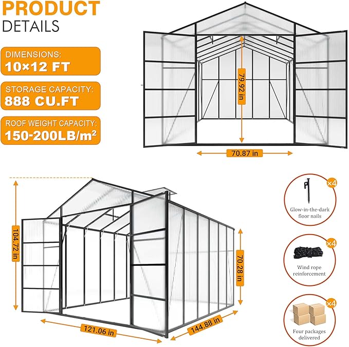 104in High 10x12FT Greenhouse for Outdoors, Polycarbonate Greenhouses with Stronger Wind Protection and Roof Vent, Walk-in Large Aluminum Winter-Proof Sunroom, Black