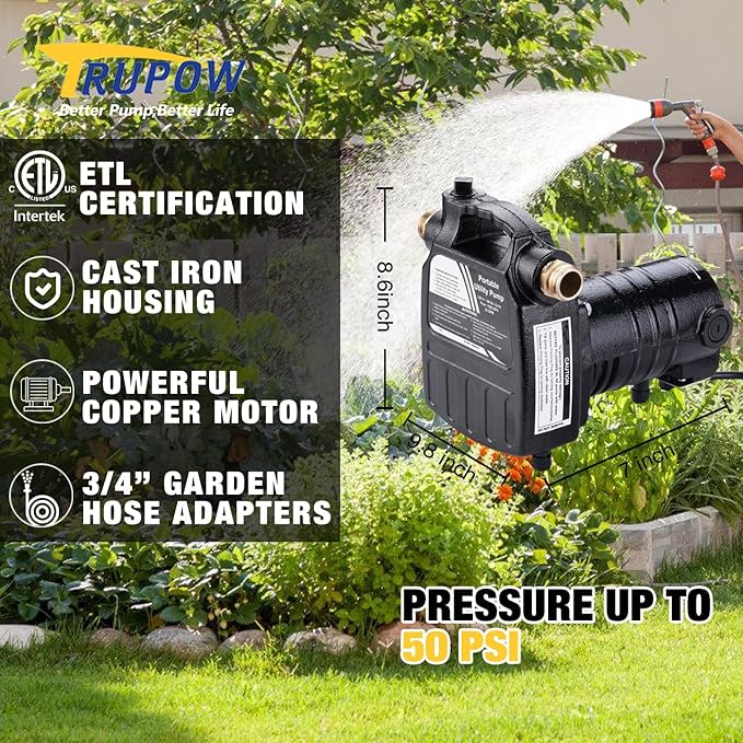 TRUPOW 1/2HP 1450GPH 115-Volt Cast Iron Portable Electric Power Utility Transfer Water Pump with Carbon Brush, Filter, Brass Connectors, for Garden, Rain Barrel, Pool, Pond, Hot Tub, Aquarium Draining