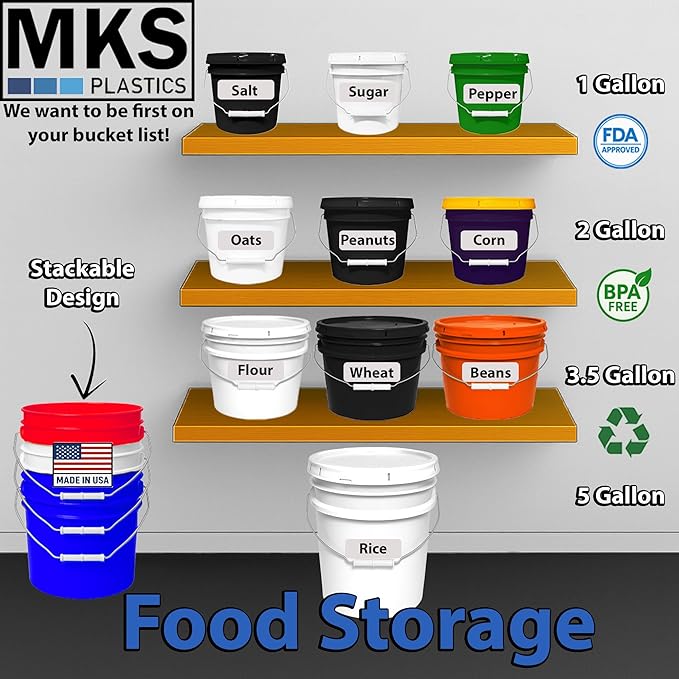 MKS Plastics 5-Gallon Bucket with Airtight Lid – Made in USA, Food Grade BPA Free Plastic, Heavy Duty Multi-Use, Metal Handle with Grip, Stackable Storage – Natural, 1 Pack