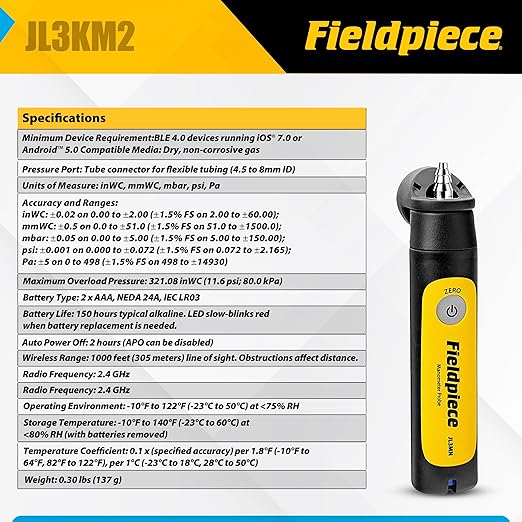 Fieldpiece - Job Link System Dual Port Manometer Probe Kit - JL3KM2 - Long Range Wireless All-in-One Static, Gas and Draft Pressure Gauge - HVAC Tools