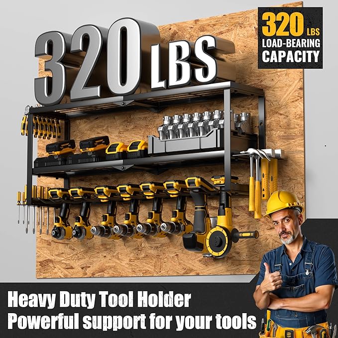 MOOMSINE Large Power Tool Organizer Wall Mount, Heavy Duty Metal Tool Storage Rack Loads 320lbs, 8 Cordless Drill Holder 3 Layer for Garage, Workshop, Tool Room, Gift for Men