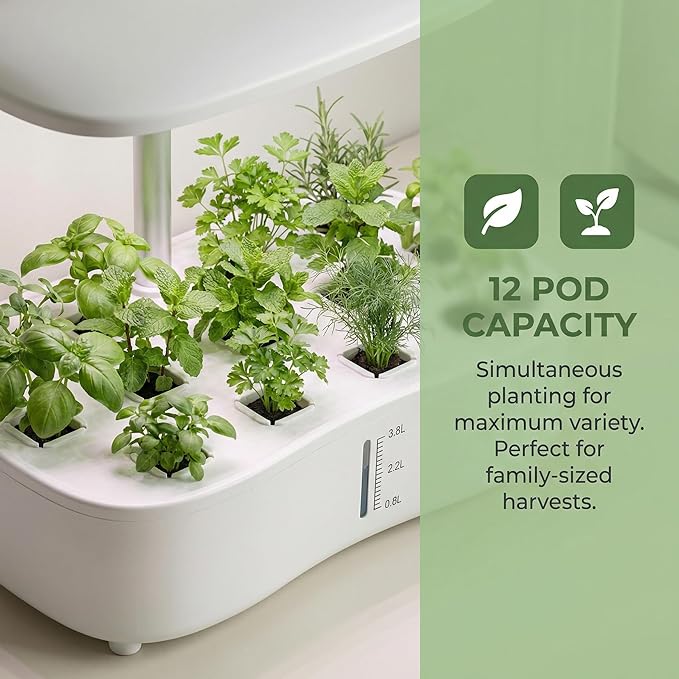 Hydroponics Growing System Kit, Soil-Free Indoor Herbs Garden, 12 Pods Plant Growth Equipment with 24W Full Spectrum LED Grow Light, Smart Silent Cycle Water Pump, 3.8L Tank for Gardening