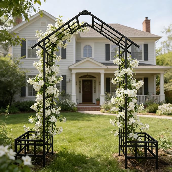 Adjustable Metal Garden Arch with Planters, Heavy Duty Galvanized Steel Arbor for Climbing Plants, Outdoor Pergola Trellis for Rose, Vine, Ivy, Wedding Arch Decoration