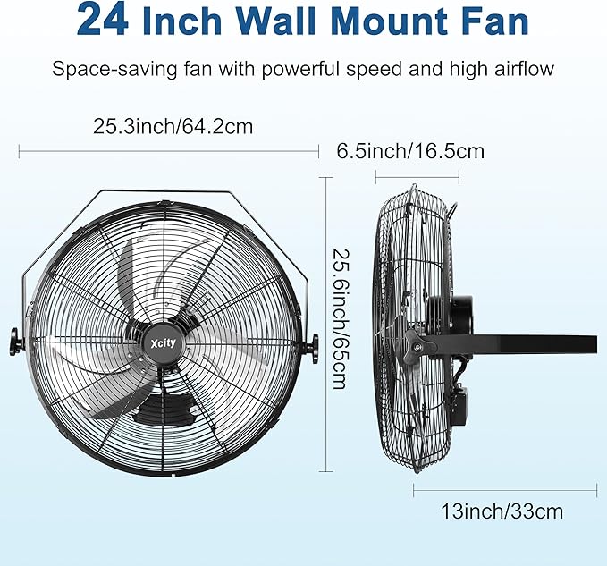 Xcity 24 Inch Metal Wall Mounted Fan, Max 7600 CFM High Velocity Industrial Wall Mount Fan With 3 Speeds & 360° Adjustable Tilt for Commercial, Garages, Workshops
