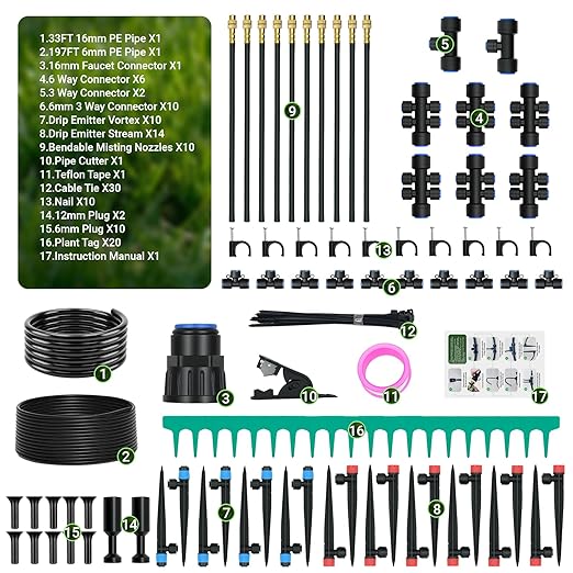 230FT Drip Irrigation Kit with Quick Connect PE Tubing, Automatic Garden Watering Sprinkler System, 2026 Upgraded Water-Saving Design with 3 Adjustable Misting Emitters, Greenhouse & Raised Bed