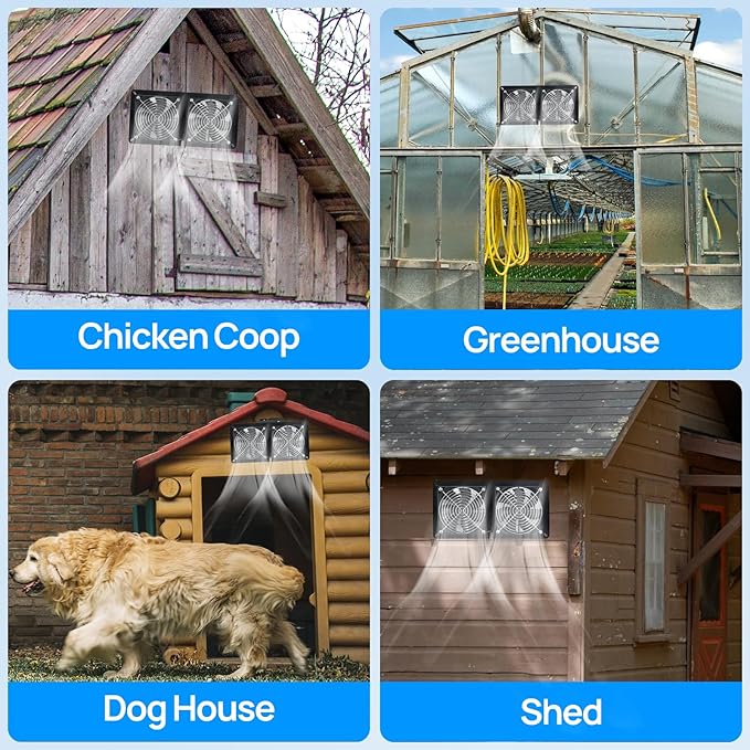DC HOUSE 20W Solar Powered Exhaust Fan for Chicken Coops Greenhouses Sheds Pet Houses and Windows Waterproof and Easy Plug and Play Installation Max Applicable Space 880ft3 (25 m3)
