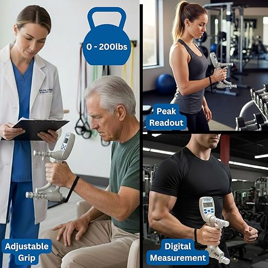 Jamar Smart Hand Dynamometer, Digital Lightweight Max Force Indicator to Measure Hand & Grip Strength, Cordless Device with Wireless Connection to Mobile App, Easy Squeeze Adjustable Evaluation Tool