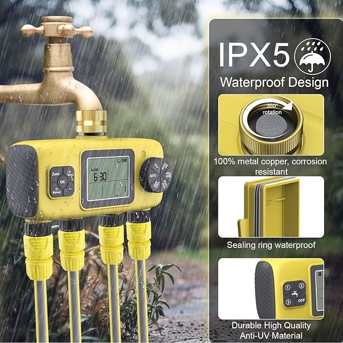 RiToEasysports Irrigation Timer, Intelligent Control, 4 Zone Watering Timer, Rain Delay, 3/4in Brass Inlet for Yard Lawn 40.1°F to 113°F