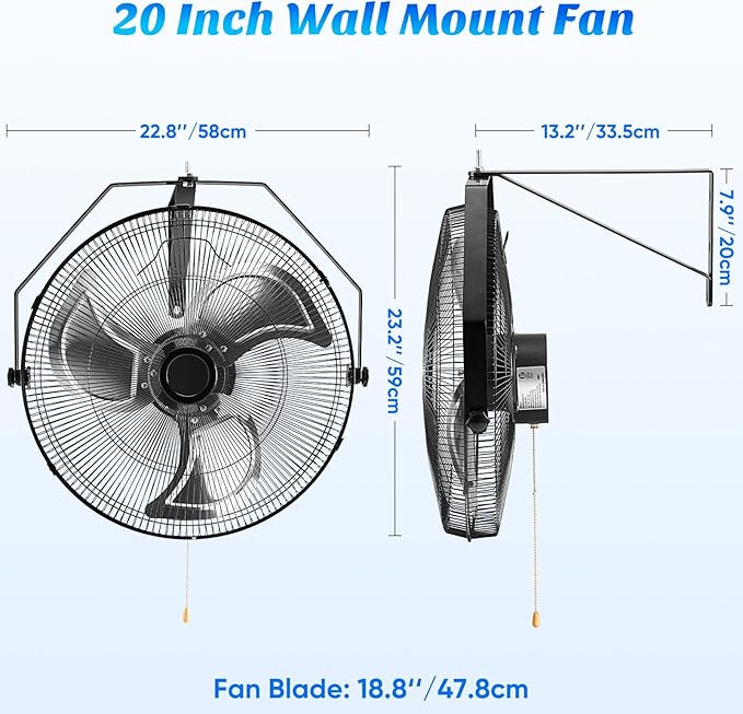 OLIXIS 20 Inch Wall Mount Fan, 3400 CFM, 3-Speed High Velocity Fan, Vertical & Horizontal Adjustable Tilt for Industrial, Commercial, Warehouse, Greenhouse, Black