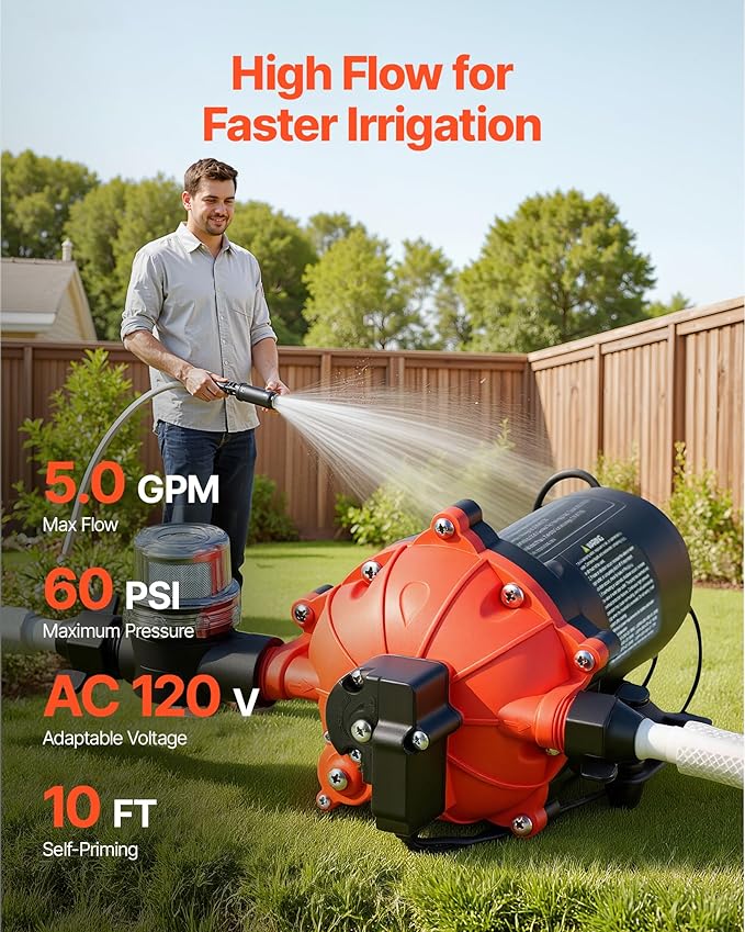VEVOR Water Pressure Pump, 110V AC 5 GPM, 5-Chamber On Demand Electric Diaphragm Water Transfer Pump, 60 PSI Max Pressure, Automatic Pressure Switch, for Home Kitchen Garden Irrigation Car Washing