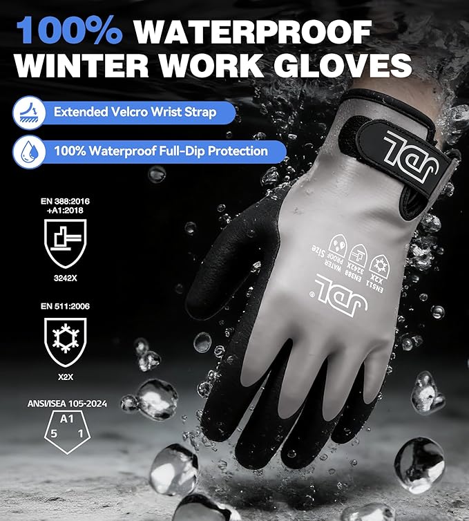 JDL 100% Waterproof Winter Work Gloves for Men & Women, Thermal Insulated Freezer Gloves for Cold Weather, Super Grip Palm