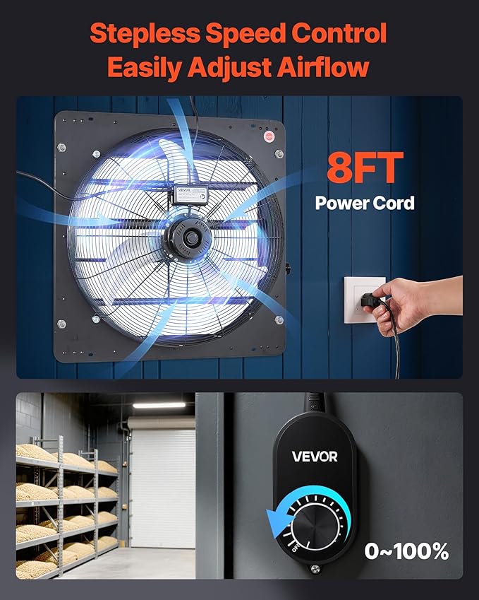 VEVOR 24'' Exhaust Fan, Wall Mounted Attic Fan with Variable Speed controller, 4800 CFM, Automatic Shutter, Ventilation and Cooling, Black