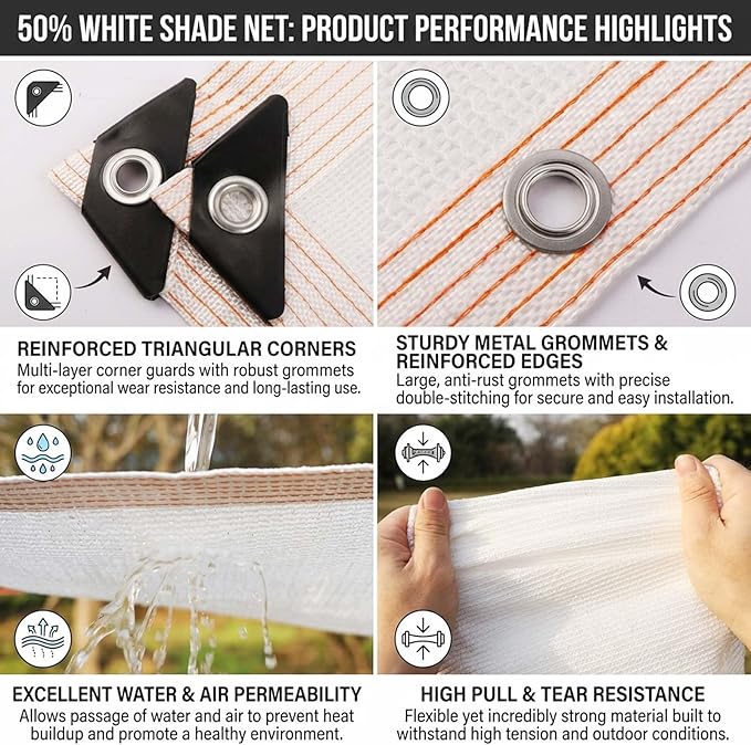 50% White Shade Cloth for Garden, Heavy Duty Sunblock Shade Net with Grommets, Breathable HDPE Mesh Tarp Fence Privacy Screen Sun Shade Cover for Greenhouse Patio Plant Chicken Coop(13x26ft)